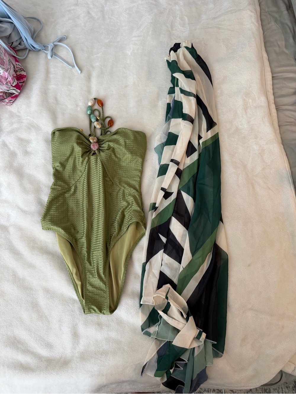 Olive Green Textured One-Piece Swimsuit With Bead Accent — image 3 of 4